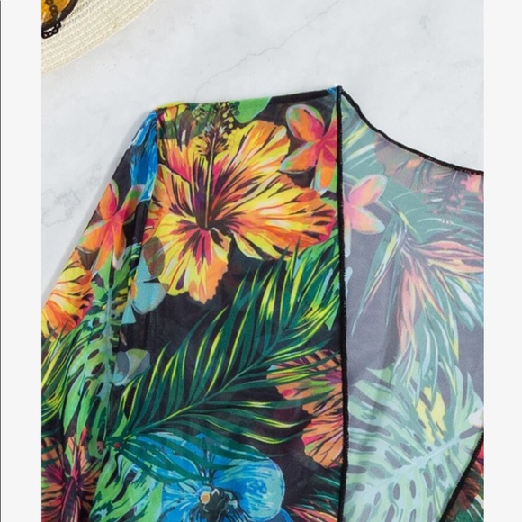 3 Piece Tropical Floral Print Push Up High Waisted Bikini Swimsuit Kimono GREEN - Picture 5 of 13